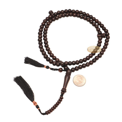 Natural Tamarind Wood Tasbih Prayer Beads 8 mm 99-Bead with Copper Decorated Black Tassels