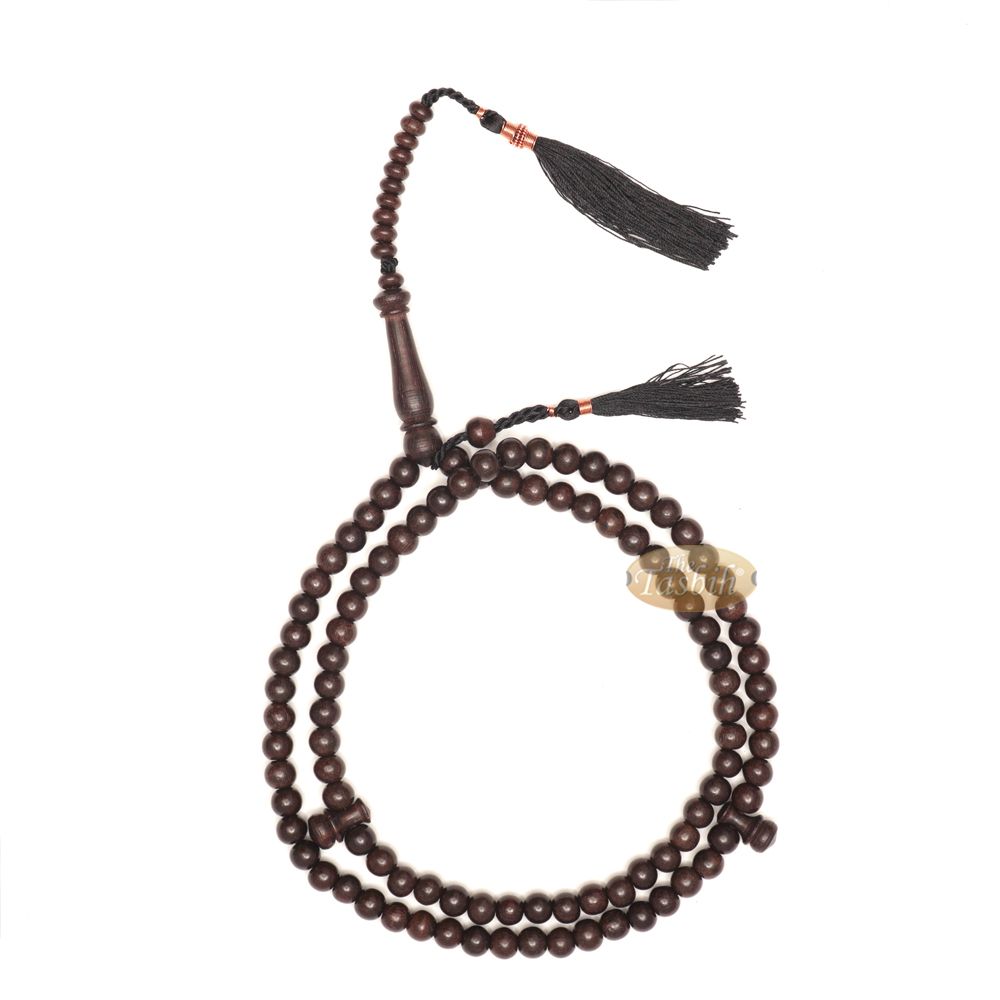 Natural Tamarind Wood Tasbih Prayer Beads 8 mm 99-Bead with Copper Decorated Black Tassels