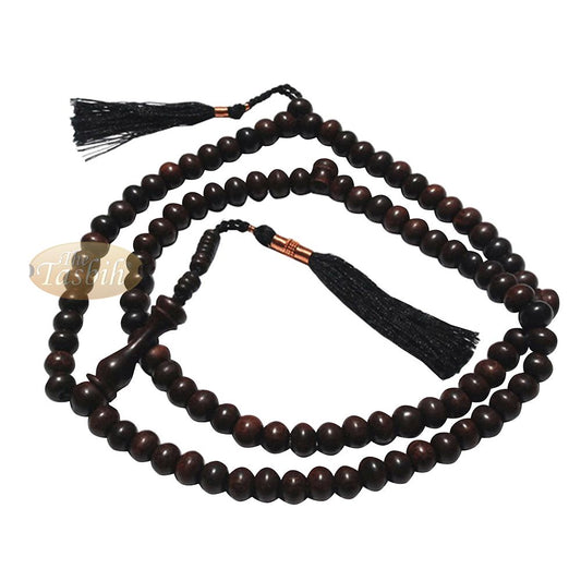 Natural Tamarind Wood Tasbih Prayer Beads 8 mm 99-Bead with Copper Decorated Black Tassels