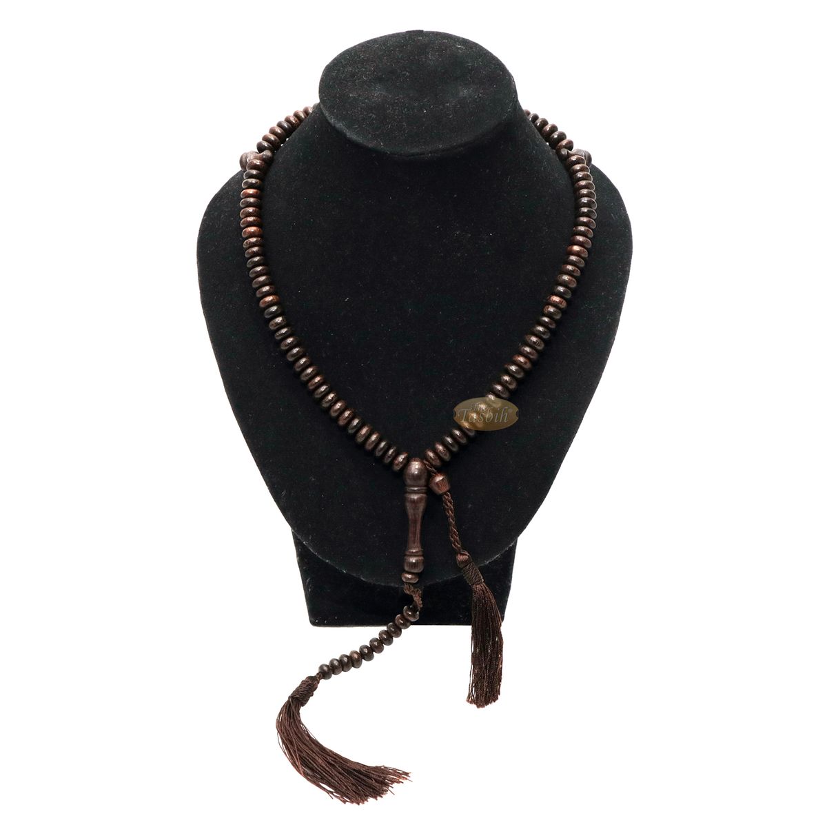 Prayer Beads – 9×4 mm 99-Bead Flat Oval Tamarind Tasbih Dark Brown Tassels and 10-Bead Counter