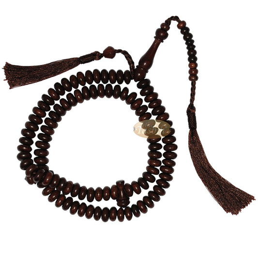 Wooden Islamic Prayer Beads – 10 mm 99 count Flat Oval Tamarind Misbaha Tasbih – Dark Brown Tassels, Adjustable Tension, Extra Counter