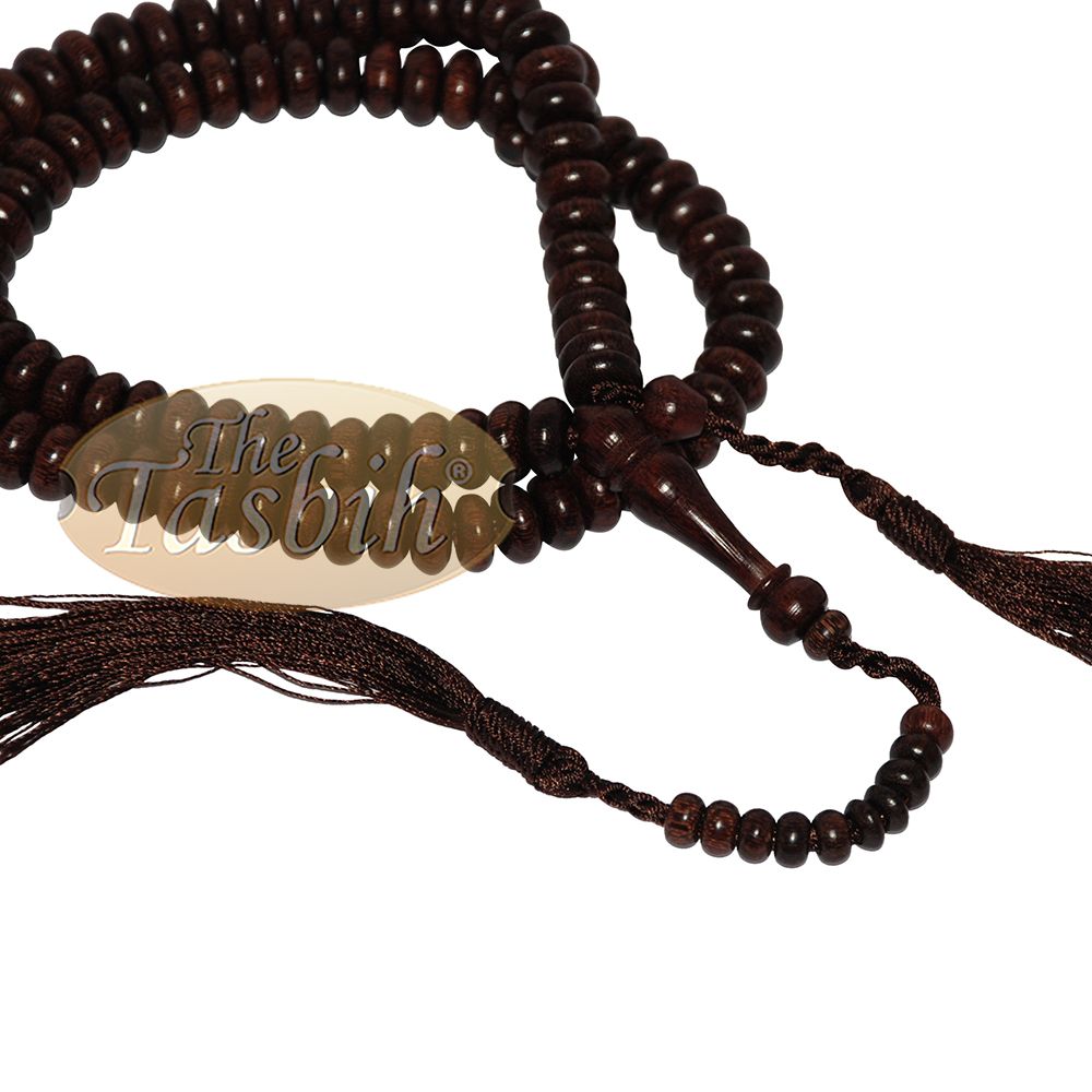 Wooden Islamic Prayer Beads – 10 mm 99 count Flat Oval Tamarind Misbaha Tasbih – Dark Brown Tassels, Adjustable Tension, Extra Counter