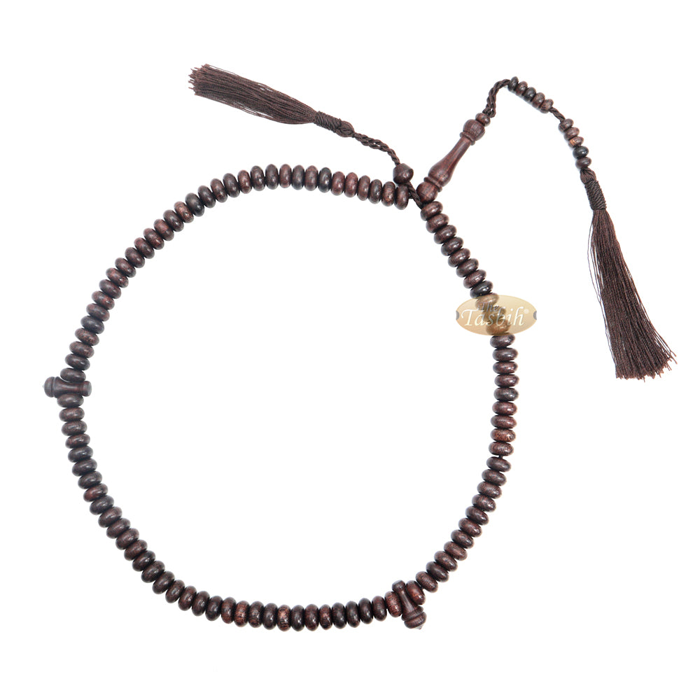 Wooden Islamic Prayer Beads - 10 mm 99 count Flat Oval Tamarind Misbaha Tasbih - Dark Brown Tassels, Adjustable Tension, Extra Counter