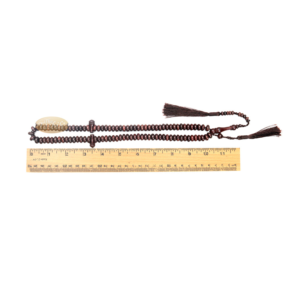 Wooden Islamic Prayer Beads - 10 mm 99 count Flat Oval Tamarind Misbaha Tasbih - Dark Brown Tassels, Adjustable Tension, Extra Counter