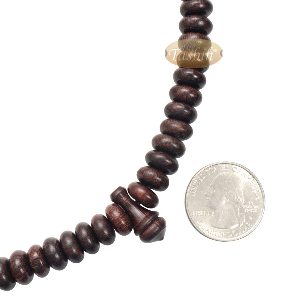Wooden Islamic Prayer Beads – 10 mm 99 count Flat Oval Tamarind Misbaha Tasbih – Dark Brown Tassels, Adjustable Tension, Extra Counter