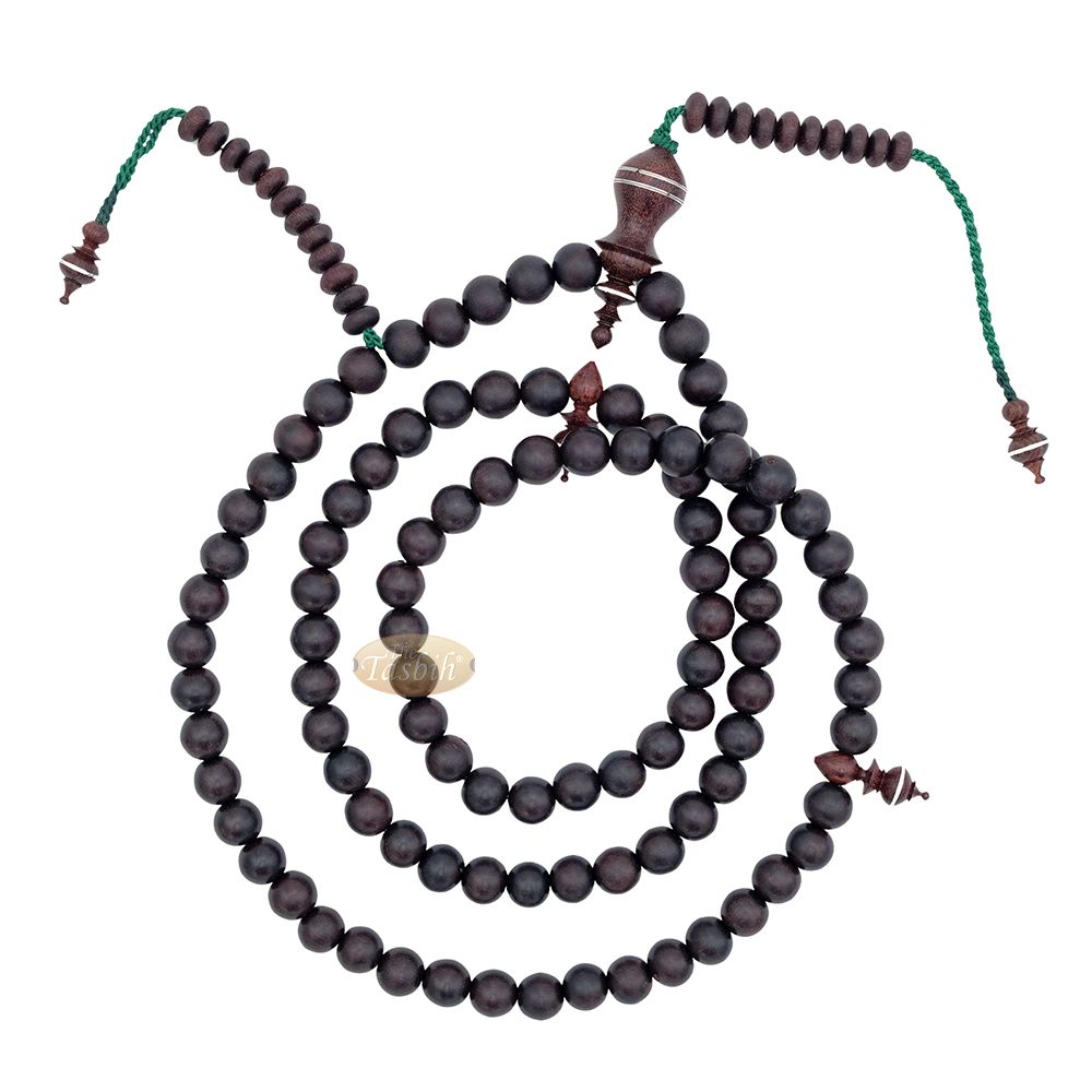 Limited Edition Tamarind Wood Terompah Prayer Beads 99 count Round Shape – 10 mm Dark Brown Beads Alif and Dividers Pewter Inlay Islamic Misbaha