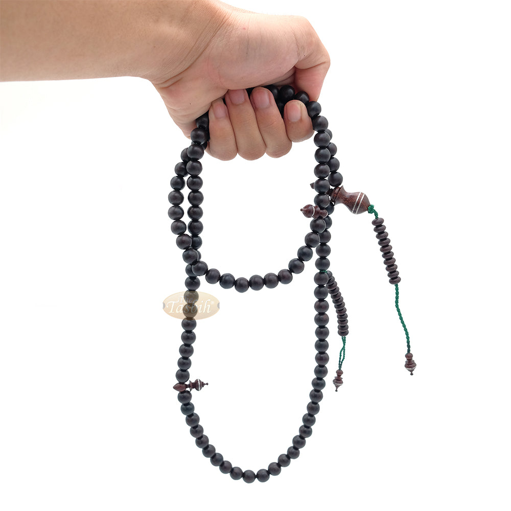 Limited Edition Tamarind Wood Terompah Prayer Beads 99 count Round Shape - 10 mm Dark Brown Beads Alif and Dividers Pewter Inlay Islamic Misbaha
