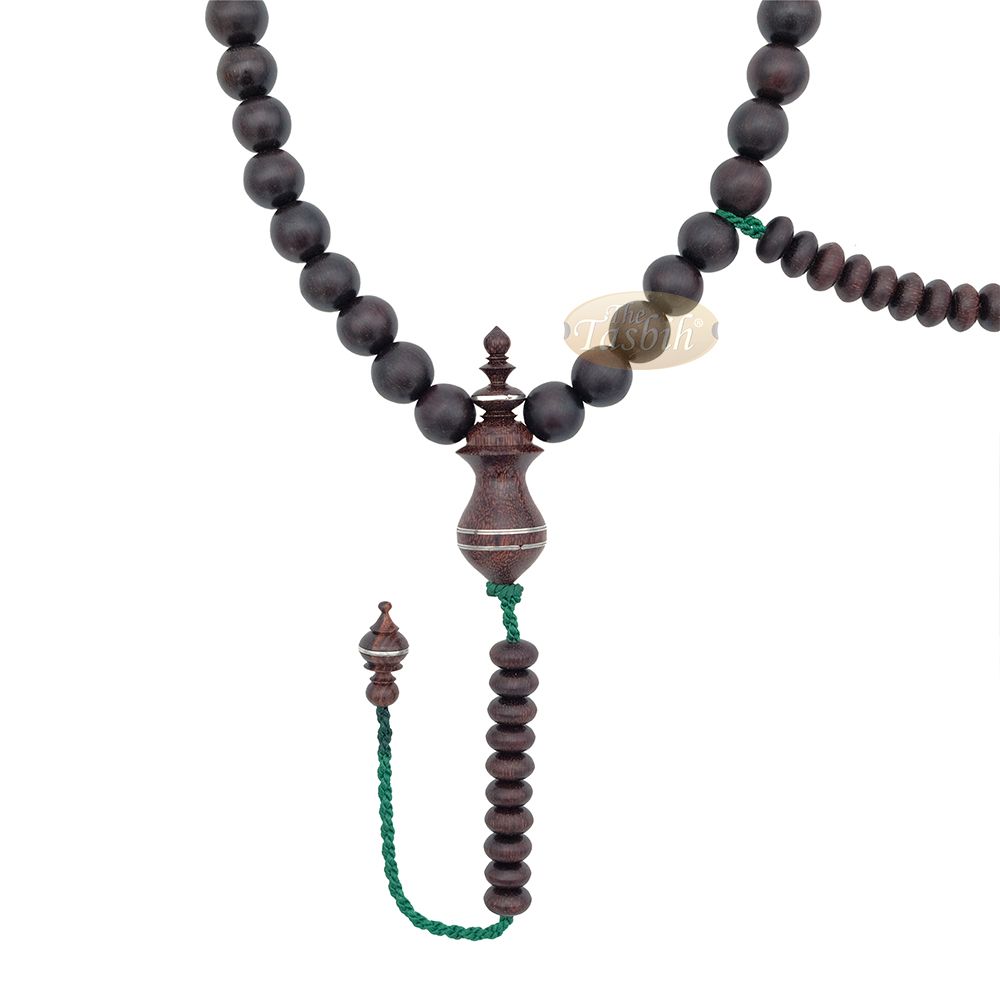 Limited Edition Tamarind Wood Terompah Prayer Beads 99 count Round Shape – 10 mm Dark Brown Beads Alif and Dividers Pewter Inlay Islamic Misbaha