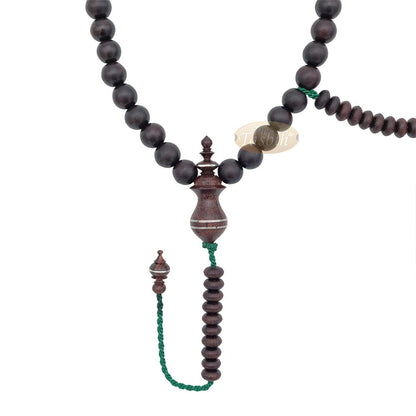 Limited Edition Tamarind Wood Terompah Prayer Beads 99 count Round Shape – 10 mm Dark Brown Beads Alif and Dividers Pewter Inlay Islamic Misbaha