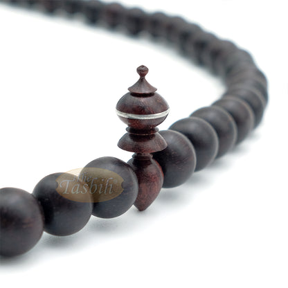 Limited Edition Tamarind Wood Terompah Prayer Beads 99 count Round Shape - 10 mm Dark Brown Beads Alif and Dividers Pewter Inlay Islamic Misbaha