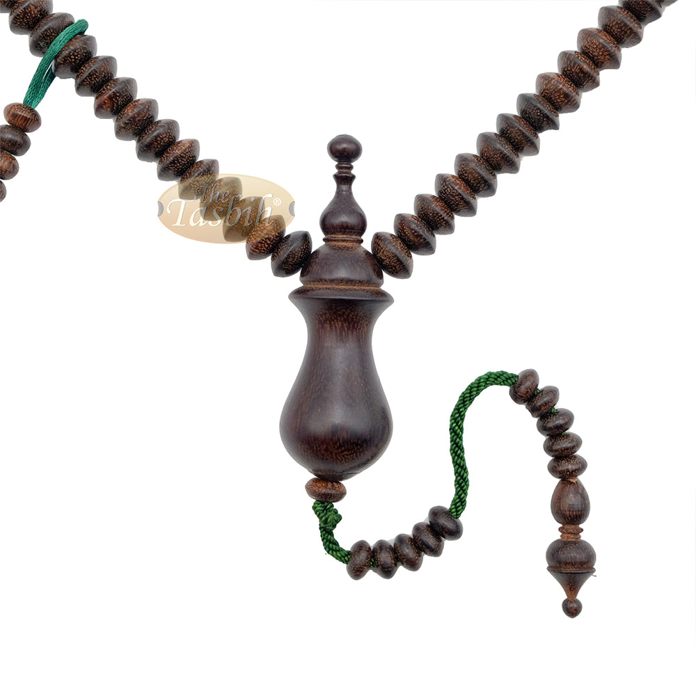 Small Tamarind Wood Nalain Misbaha - Limited Edition Terompah 5x9 mm Saucer-Shape 99 count Muslim Indonesian Prayer Beads with Extra Counters