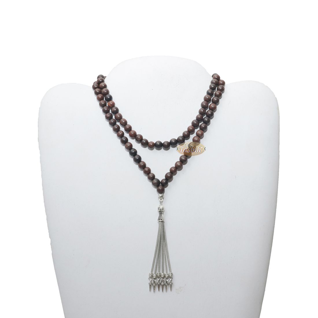 Tamarind Wood Tasbih – 8mm Beads with Ornamental Silver-tone Fox-tail Chain Tassel