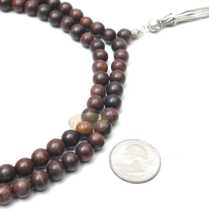 Tasbih Kayu Asam Jawa - Manik 8 mm dengan Rumbai Rantai Ekor Rubah Berhias Warna Perak