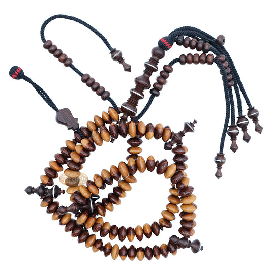 Wooden Tijani Tasbih | Limited Edition Ain Madhi Mixed Tone Tamarind Wood 12X6mm Saucer Pewter Inlay 100-Bead Misbaha