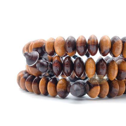 Wooden Tijani Tasbih | Limited Edition Ain Madhi Mixed Tone Tamarind Wood 12X6mm Saucer Pewter Inlay 100-Bead Misbaha