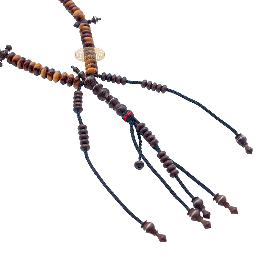 Wooden Tijani Tasbih | Limited Edition Ain Madhi Mixed Tone Tamarind Wood 12x6 mm Saucer Pewter Inlay 100-Bead Misbaha
