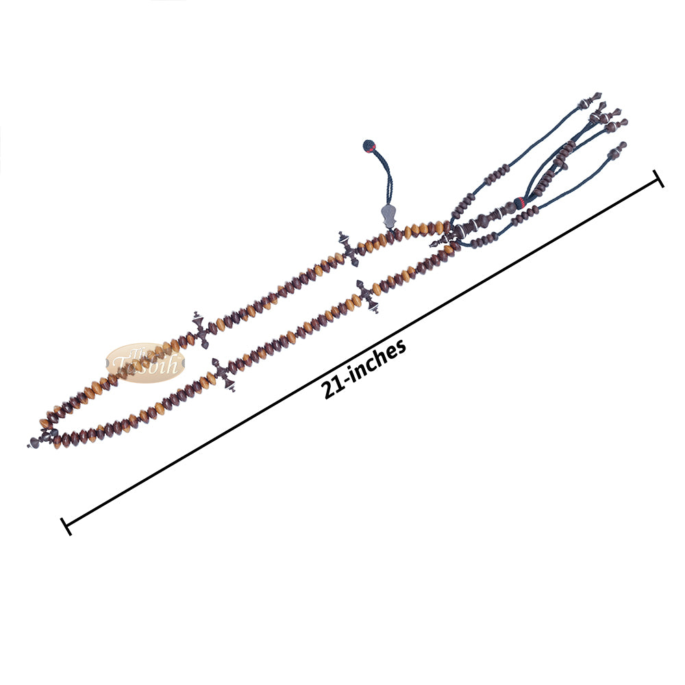 Wooden Tijani Tasbih | Limited Edition Ain Madhi Mixed Tone Tamarind Wood 12x6 mm Saucer Pewter Inlay 100-Bead Misbaha