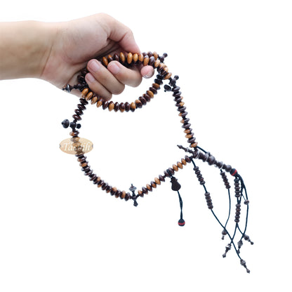 Wooden Tijani Tasbih | Limited Edition Ain Madhi Mixed Tone Tamarind Wood 12X6mm Saucer Pewter Inlay 100-Bead Misbaha