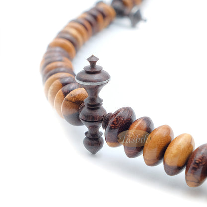 Wooden Tijani Tasbih | Limited Edition Ain Madhi Mixed Tone Tamarind Wood 12X6mm Saucer Pewter Inlay 100-Bead Misbaha