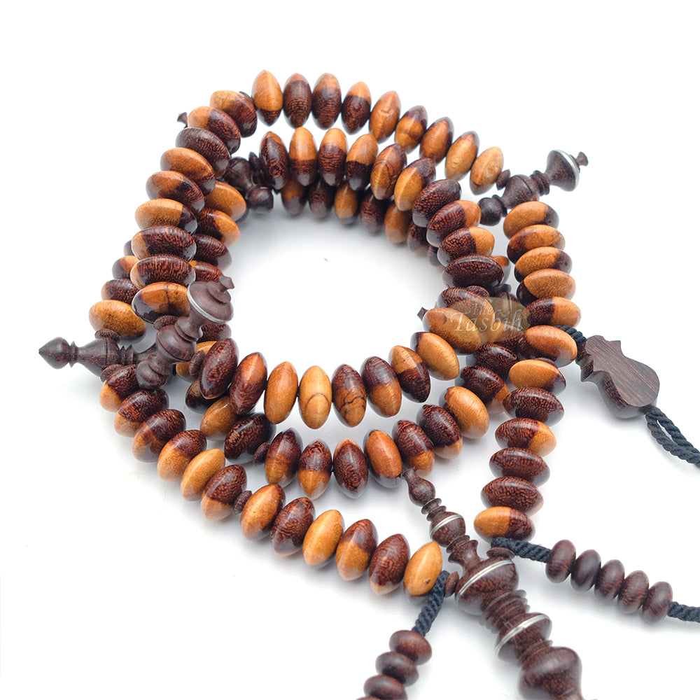 Wooden Tijani Tasbih | Limited Edition Ain Madhi Mixed Tone Tamarind Wood 12X6mm Saucer Pewter Inlay 100-Bead Misbaha