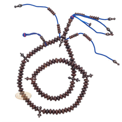 Hardwood Tijani Misbaha | Limited Edition Ain Madhi Dark Brown Tamarind Core Wood 14×8 mm Pewter Inlay 100-Bead Tasbih