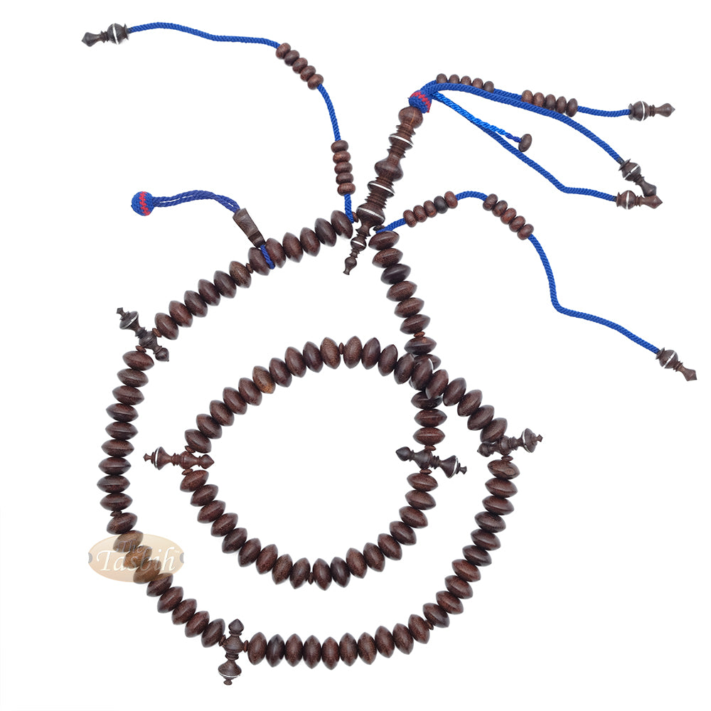 Hardwood Tijani Misbaha | Limited Edition Ain Madhi Dark Brown Tamarind Core Wood 14x8 mm Pewter Inlay 100-Bead Tasbih