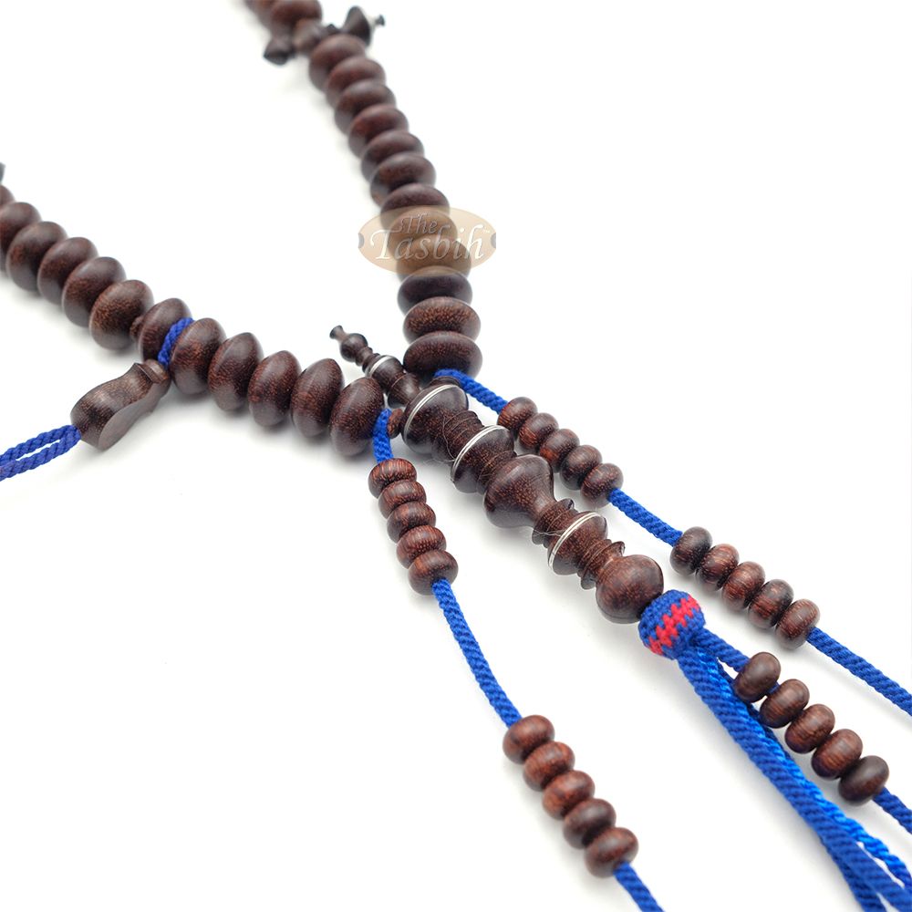 Hardwood Tijani Misbaha | Limited Edition Ain Madhi Dark Brown Tamarind Core Wood 14×8 mm Pewter Inlay 100-Bead Tasbih
