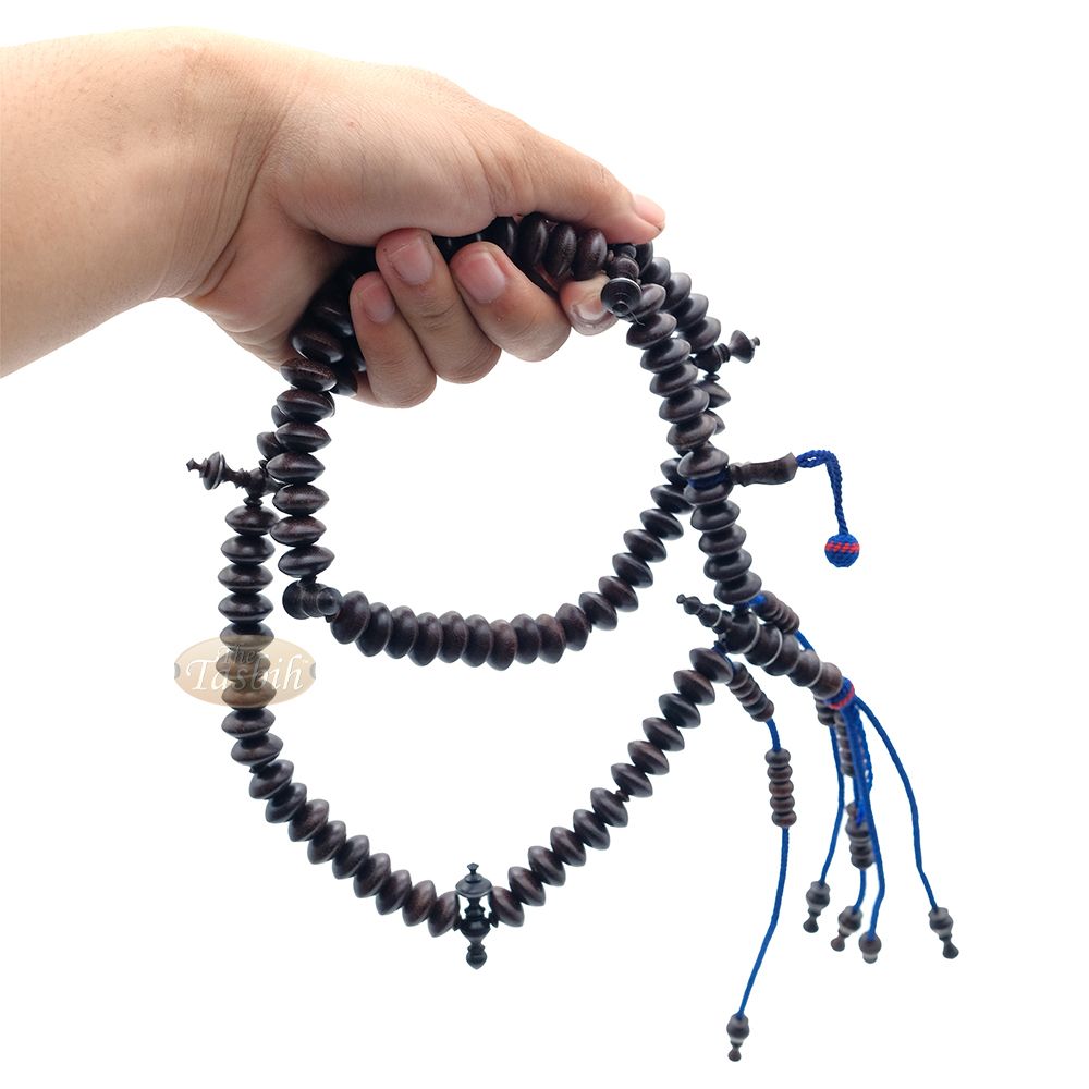 Hardwood Tijani Misbaha | Limited Edition Ain Madhi Dark Brown Tamarind Core Wood 14×8 mm Pewter Inlay 100-Bead Tasbih