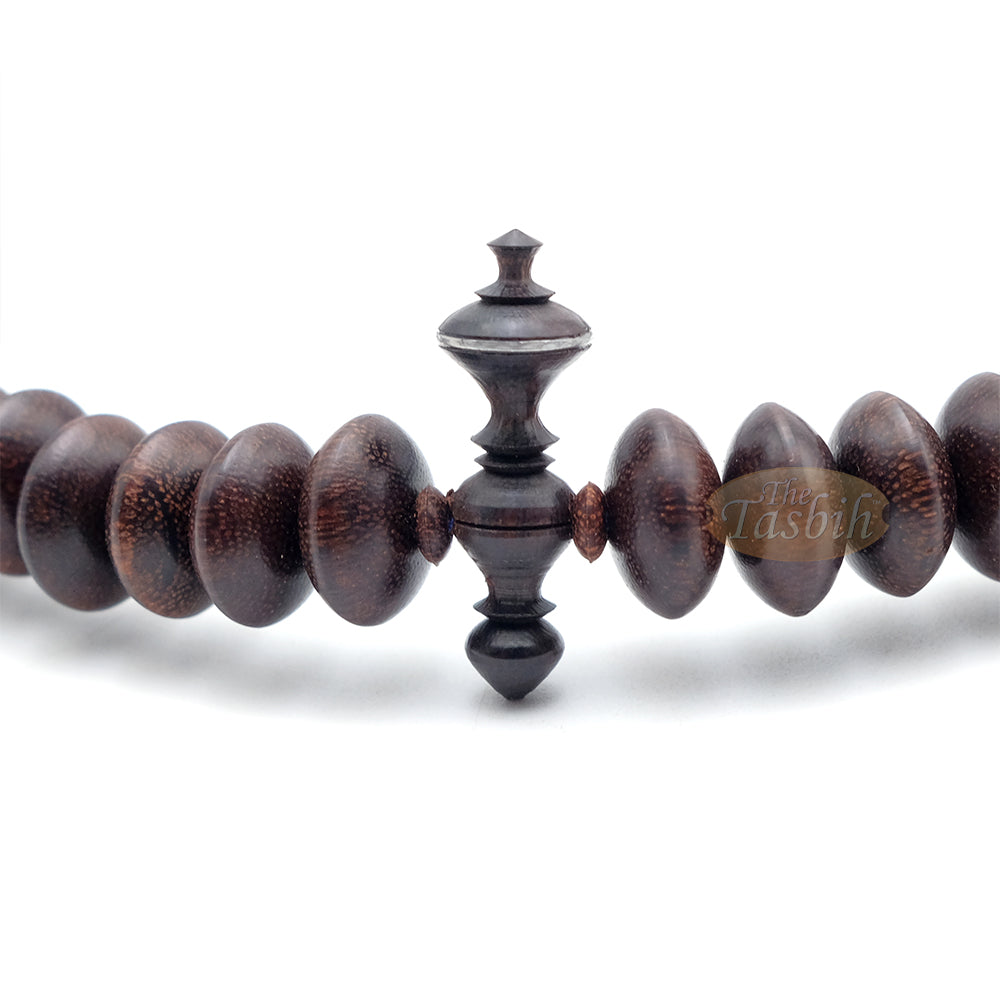 Hardwood Tijani Misbaha | Limited Edition Ain Madhi Dark Brown Tamarind Core Wood 14x8 mm Pewter Inlay 100-Bead Tasbih