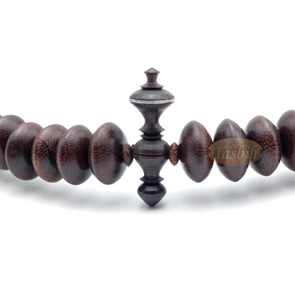 Hardwood Tijani Misbaha | Limited Edition Ain Madhi Dark Brown Tamarind Core Wood 14x8 mm Pewter Inlay 100-Bead Tasbih