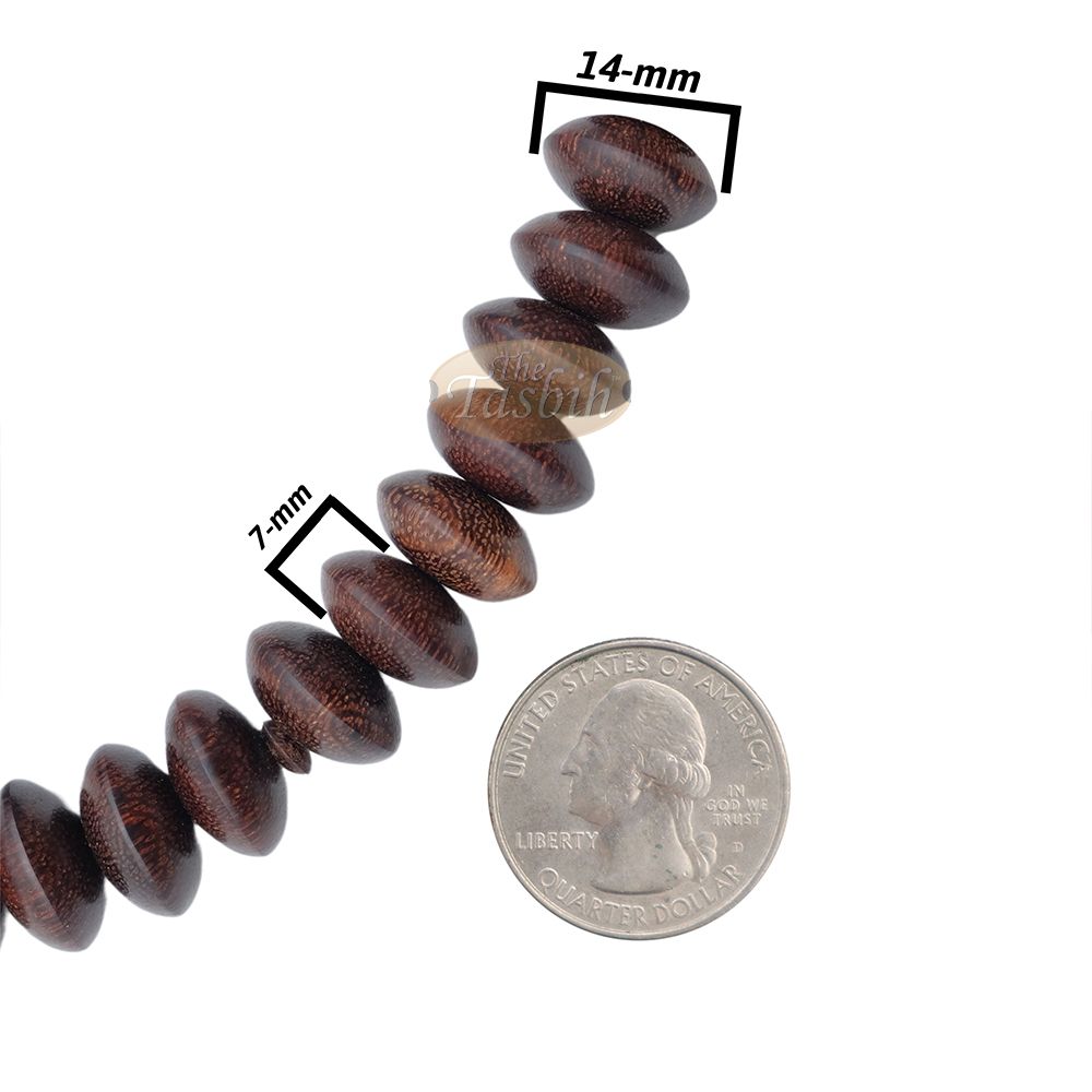 Hardwood Tijani Misbaha | Limited Edition Ain Madhi Dark Brown Tamarind Core Wood 14×8 mm Pewter Inlay 100-Bead Tasbih