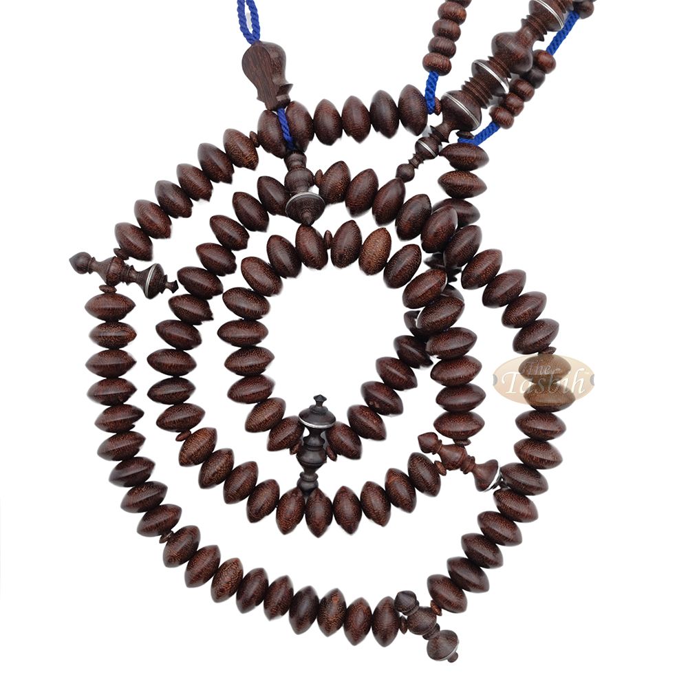 Hardwood Tijani Misbaha | Limited Edition Ain Madhi Dark Brown Tamarind Core Wood 14×8 mm Pewter Inlay 100-Bead Tasbih