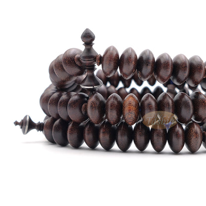Hardwood Tijani Misbaha | Limited Edition Ain Madhi Dark Brown Tamarind Core Wood 14x8 mm Pewter Inlay 100-Bead Tasbih