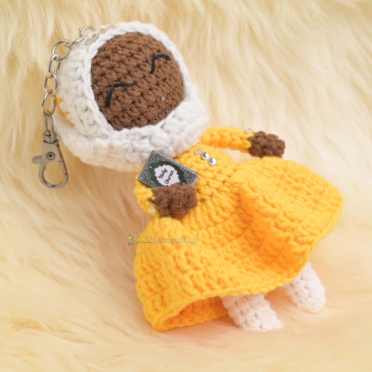 Quran Cuties Dolls Keychain Handmade – Yellow Cotton Crochet Islamic Amigurumi Keyring, Cute Hijab Doll Bag Charm Gift