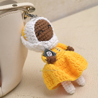 Quran Cuties Dolls Keychain Handmade – Yellow Cotton Crochet Islamic Amigurumi Keyring, Cute Hijab Doll Bag Charm Gift
