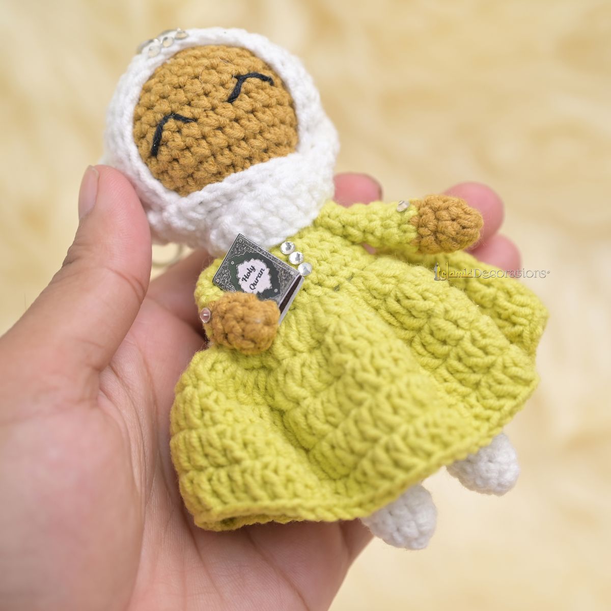 Quran Cuties Dolls Keychain Handmade – Green Cotton Crochet Islamic Amigurumi Keyring, Cute Hijab Doll Bag Charm Gift