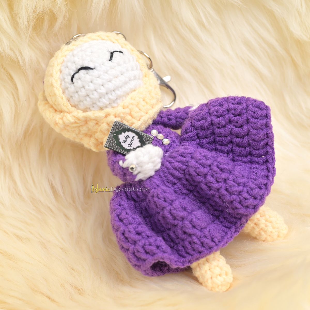 Quran Cuties Dolls Keychain Handmade – Purple Cotton Crochet Islamic Amigurumi Keyring, Cute Hijab Doll Bag Charm Gift