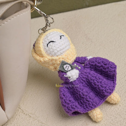 Quran Cuties Dolls Keychain Handmade – Purple Cotton Crochet Islamic Amigurumi Keyring, Cute Hijab Doll Bag Charm Gift