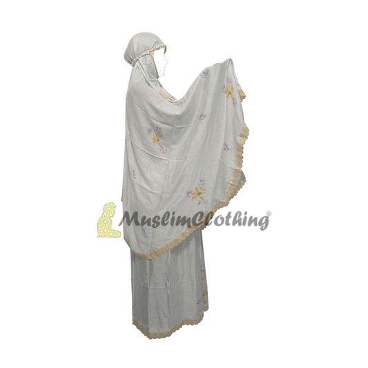 White Embroidered Lace Trim Abaya Mukena Hijab Islamic Women’s Prayer Garment